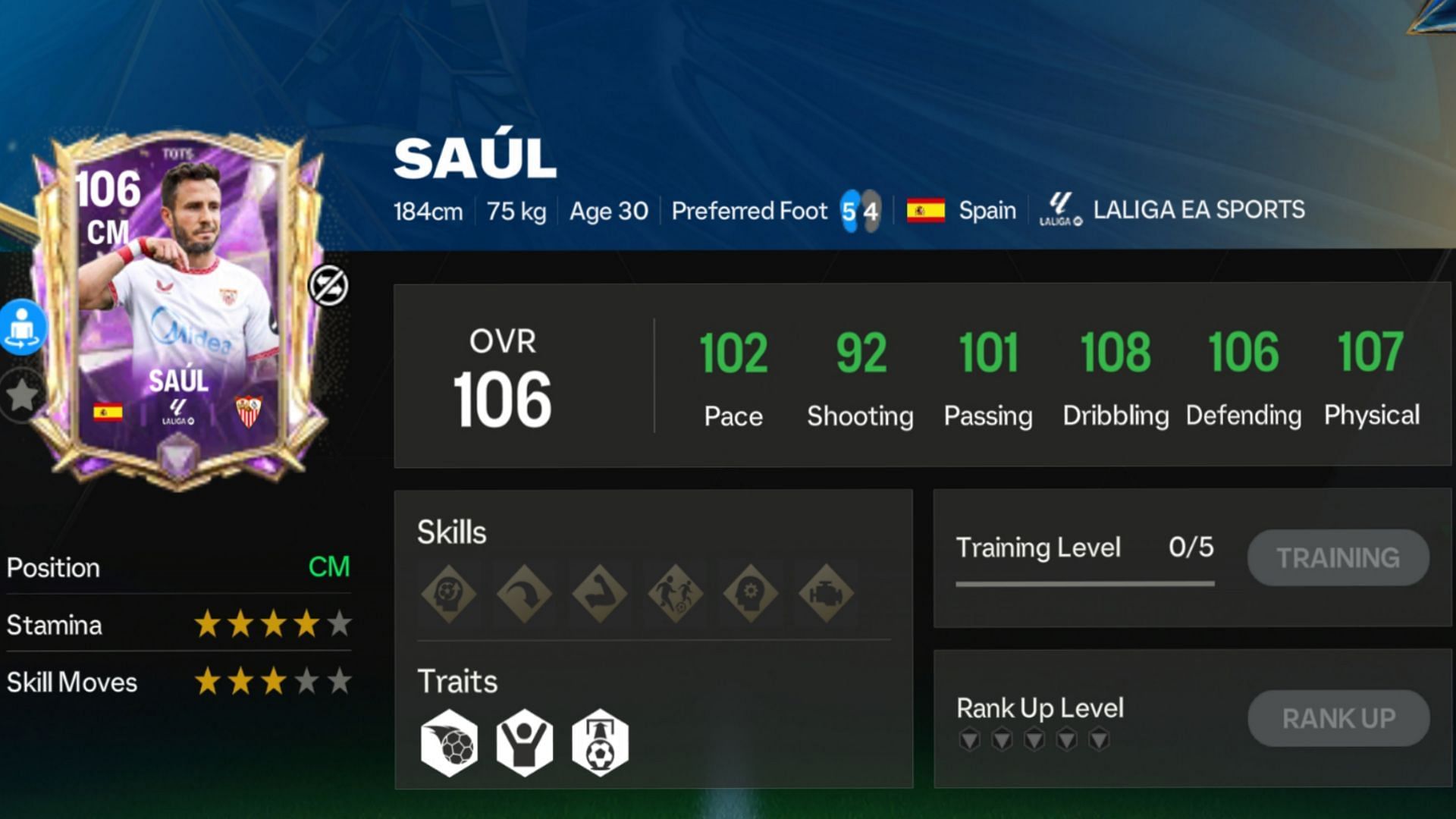 Snippet showing EA FC Mobile TOTS 25 Saul exchange card stats (Image via EA Sports)